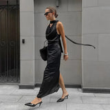 Black Satin Halter Wedding Guests Maxi Dress