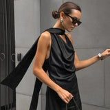 Black Satin Halter Wedding Guests Maxi Dress