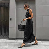 Black Satin Halter Wedding Guests Maxi Dress