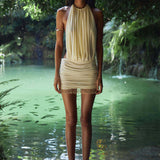 Pleated Halterneck Open Back Mini Dress