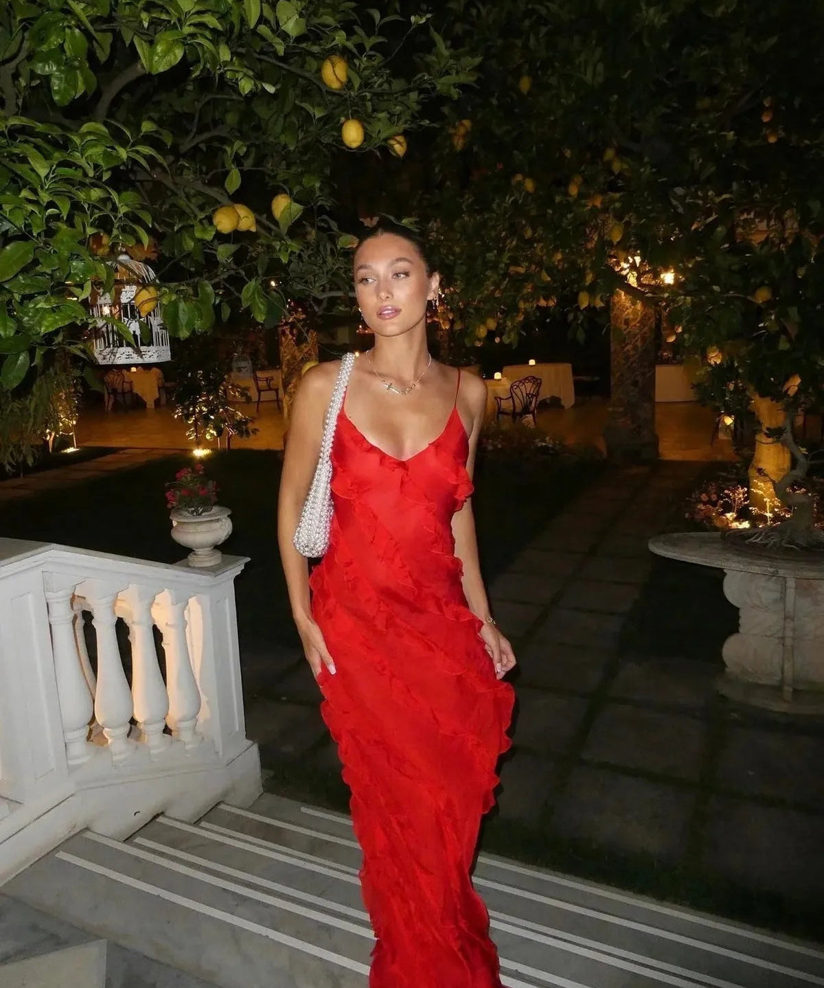 Romantic Ruffle Chiffon Evening Gown Maxi Dress