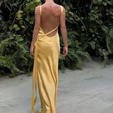 Semi-Sheer Yellow Satin Wedding Maxi Dress