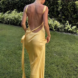 Semi-Sheer Yellow Satin Wedding Maxi Dress