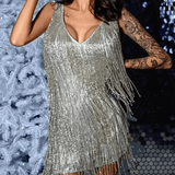 Women's Sequin Tassel V-Neck Backless Party Mini Dress