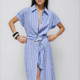 Striped Linen-Blend Work Maxi Dress with Belt