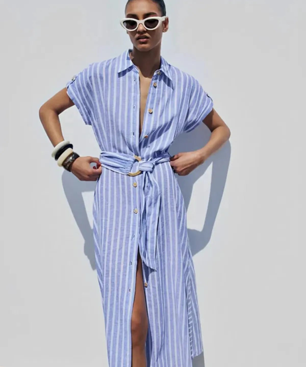 Striped Linen-Blend Work Maxi Dress with Belt