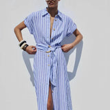 Striped Linen-Blend Work Maxi Dress with Belt