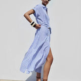 Striped Linen-Blend Work Maxi Dress with Belt