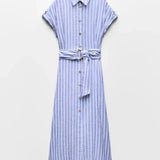 Striped Linen-Blend Work Maxi Dress with Belt