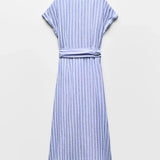 Striped Linen-Blend Work Maxi Dress with Belt