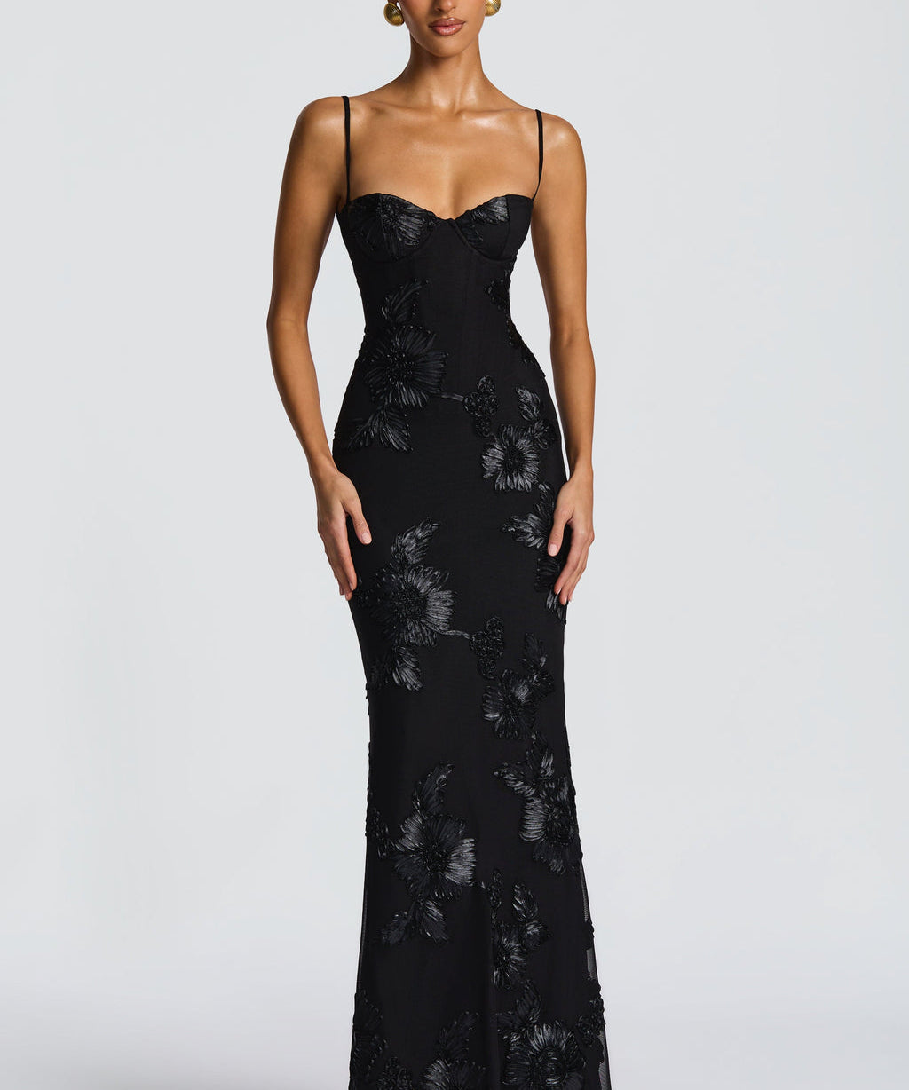 Floral Jacquard Wedding Guest Corset Maxi Dress