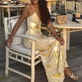 Elegant Yellow and Gold Wedding Guest Maxi Dress