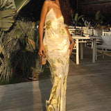 Elegant Yellow and Gold Wedding Guest Maxi Dress