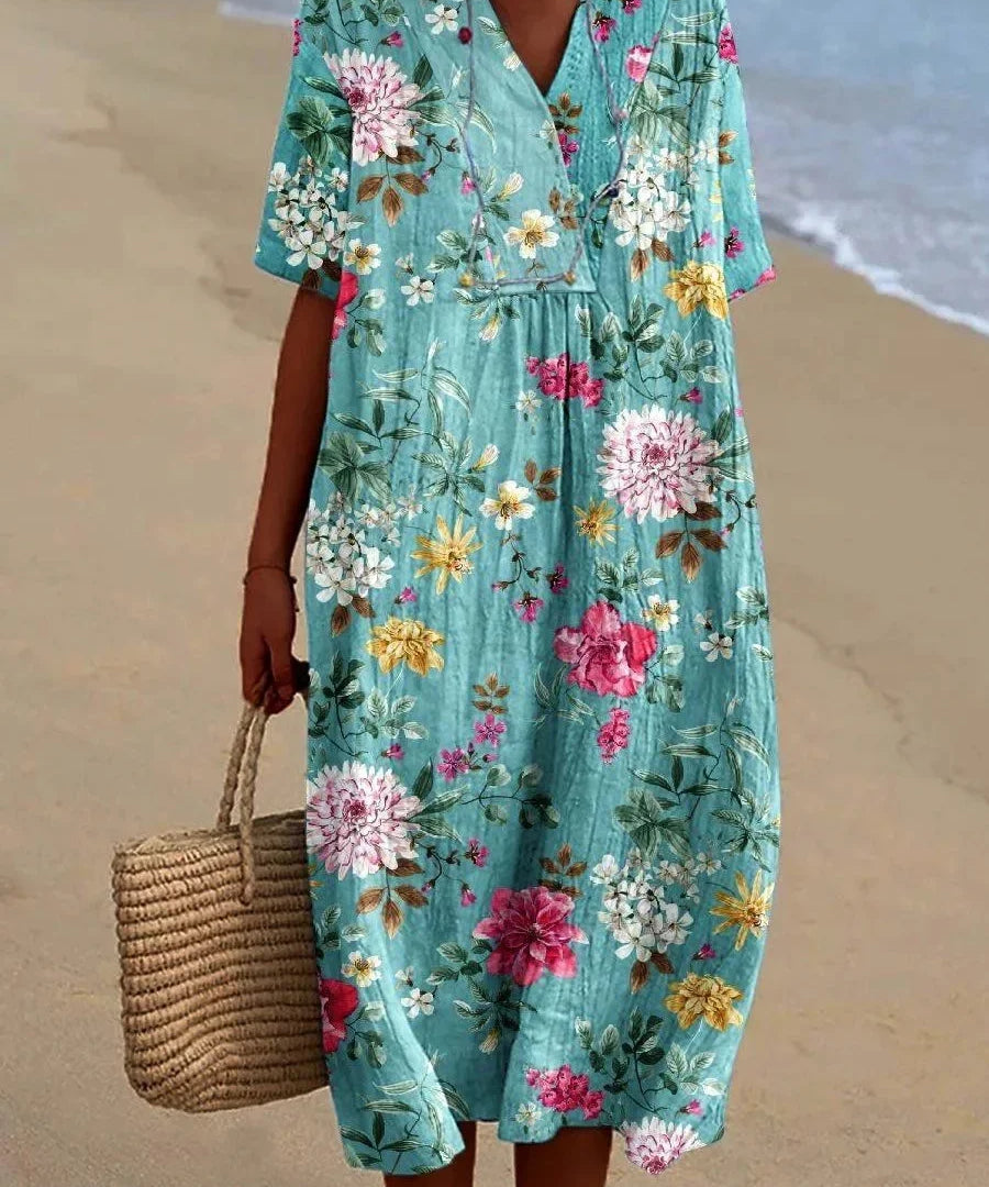 V-Neck Floral Beach Summer Midi Dress