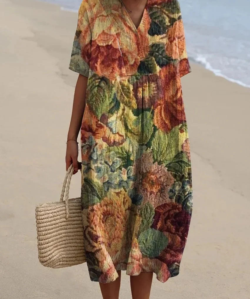 V-Neck Floral Beach Summer Midi Dress