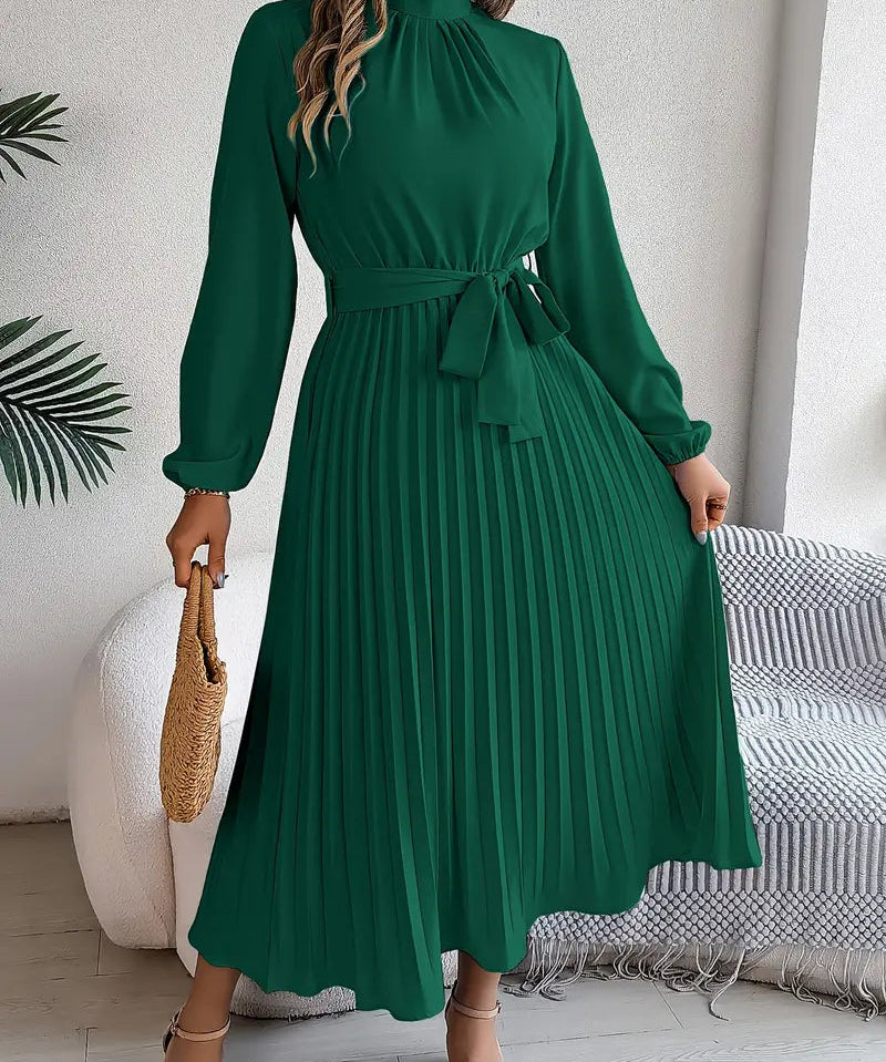 Chic Pleated Wedding Guest Midi Dress with Belted Waist