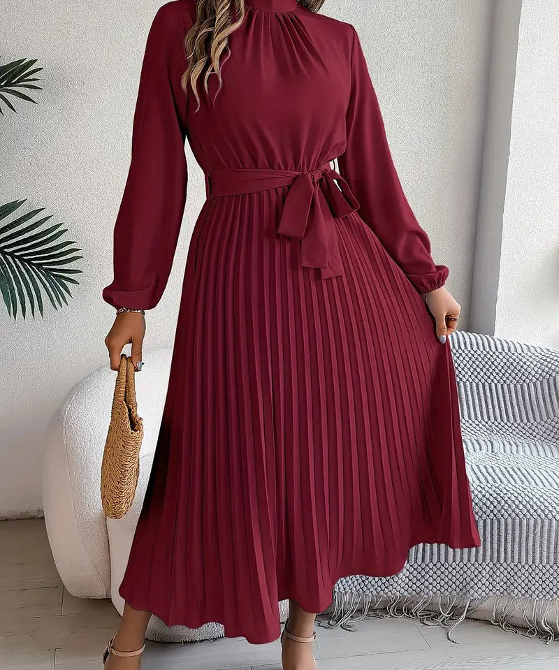 Chic Pleated Wedding Guest Midi Dress with Belted Waist