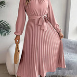 Chic Pleated Wedding Guest Midi Dress with Belted Waist