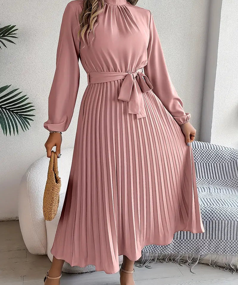 Chic Pleated Wedding Guest Midi Dress with Belted Waist