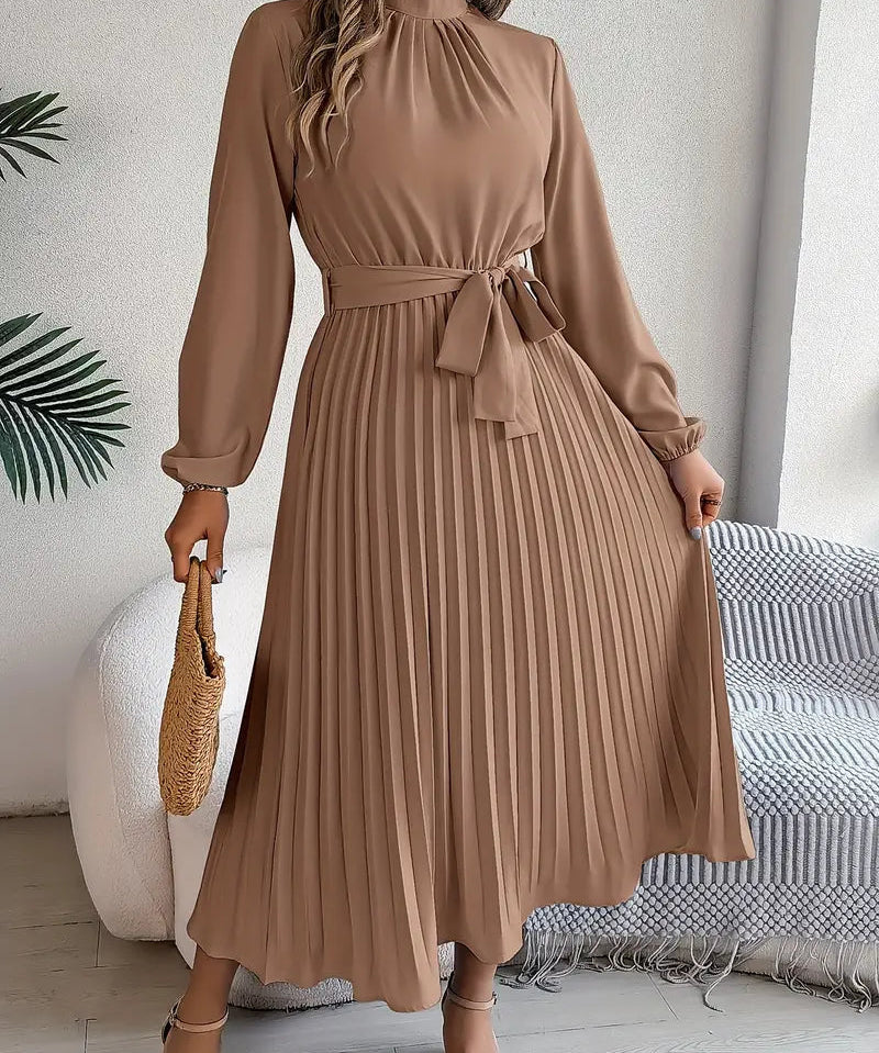 Chic Pleated Wedding Guest Midi Dress with Belted Waist
