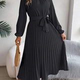 Chic Pleated Wedding Guest Midi Dress with Belted Waist