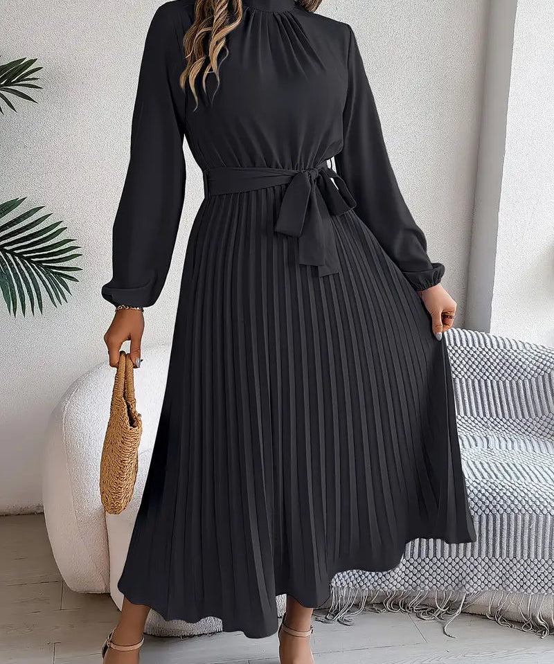 Chic Pleated Wedding Guest Midi Dress with Belted Waist