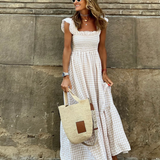 Summer Smocked Gingham Maxi Dress with Ruffle Sleeves