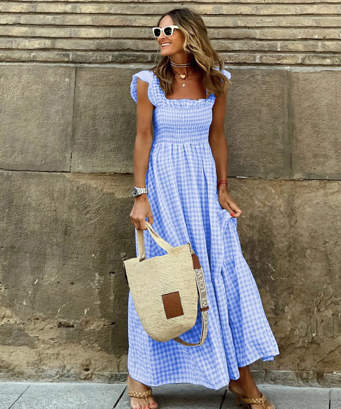 Summer Smocked Gingham Maxi Dress with Ruffle Sleeves
