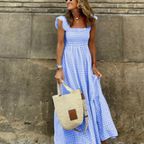 Summer Smocked Gingham Maxi Dress with Ruffle Sleeves