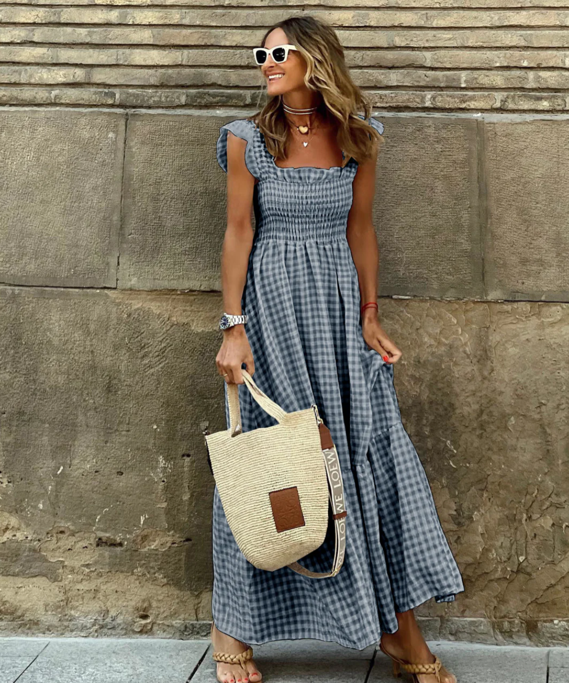 Summer Smocked Gingham Maxi Dress with Ruffle Sleeves