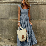 Summer Smocked Gingham Maxi Dress with Ruffle Sleeves