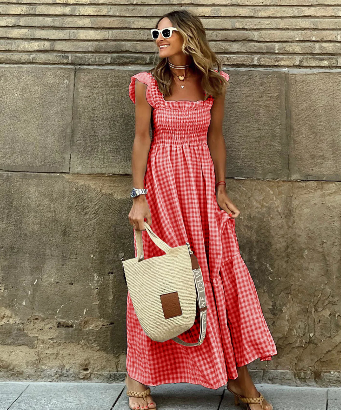 Summer Smocked Gingham Maxi Dress with Ruffle Sleeves