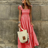 Summer Smocked Gingham Maxi Dress with Ruffle Sleeves