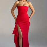 Strapless Wedding Guest Dress with Thigh-High Slit