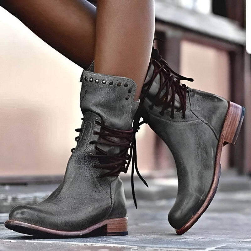 Studded Lace-Up Mid-Calf Boots with Low Heel for Women