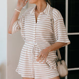 Legacy Sydney | Beige Striped Knit Shirt & Shorts Set