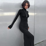 Formal Black Evening Long‑Sleeve Turtleneck Maxi Dress